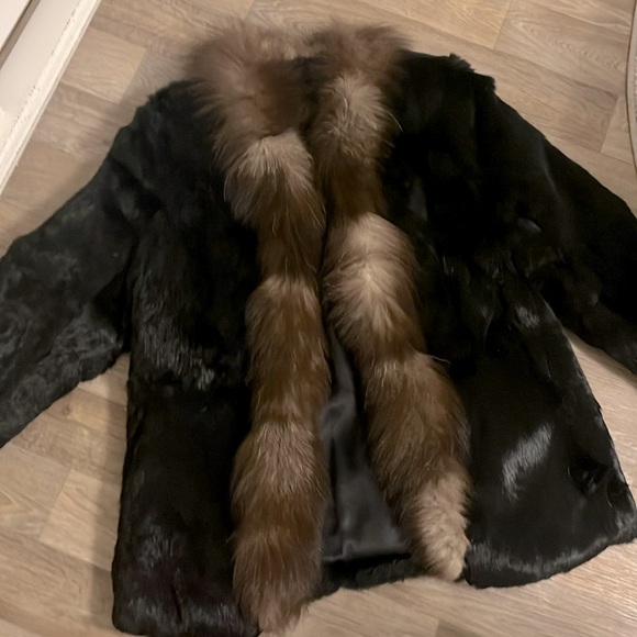 Fur coat. Black rabbit fur with fur collar (fox maybe?) - Picture 1 of 6